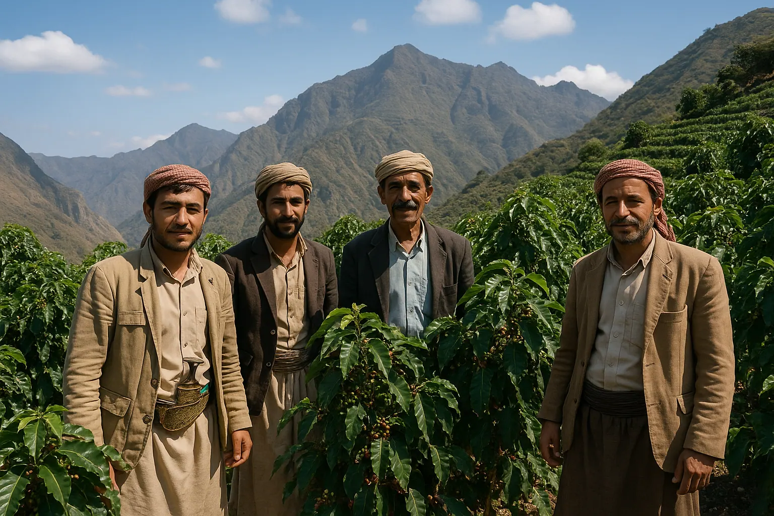 Yemeni coffee farmers in the mountain plantations